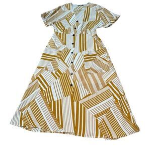 Lush Dress Full Front Button w/ Pockets Mustard & White Design Size Medium